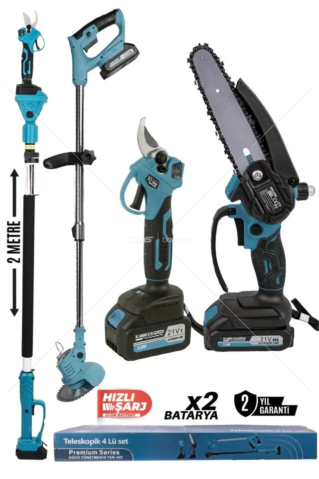 KİMMEER PLUS Profesyonel 4’Lü Set Şarjlı Makas Testere Tırpan Ve Teleskopik Uzatma 2 Metre