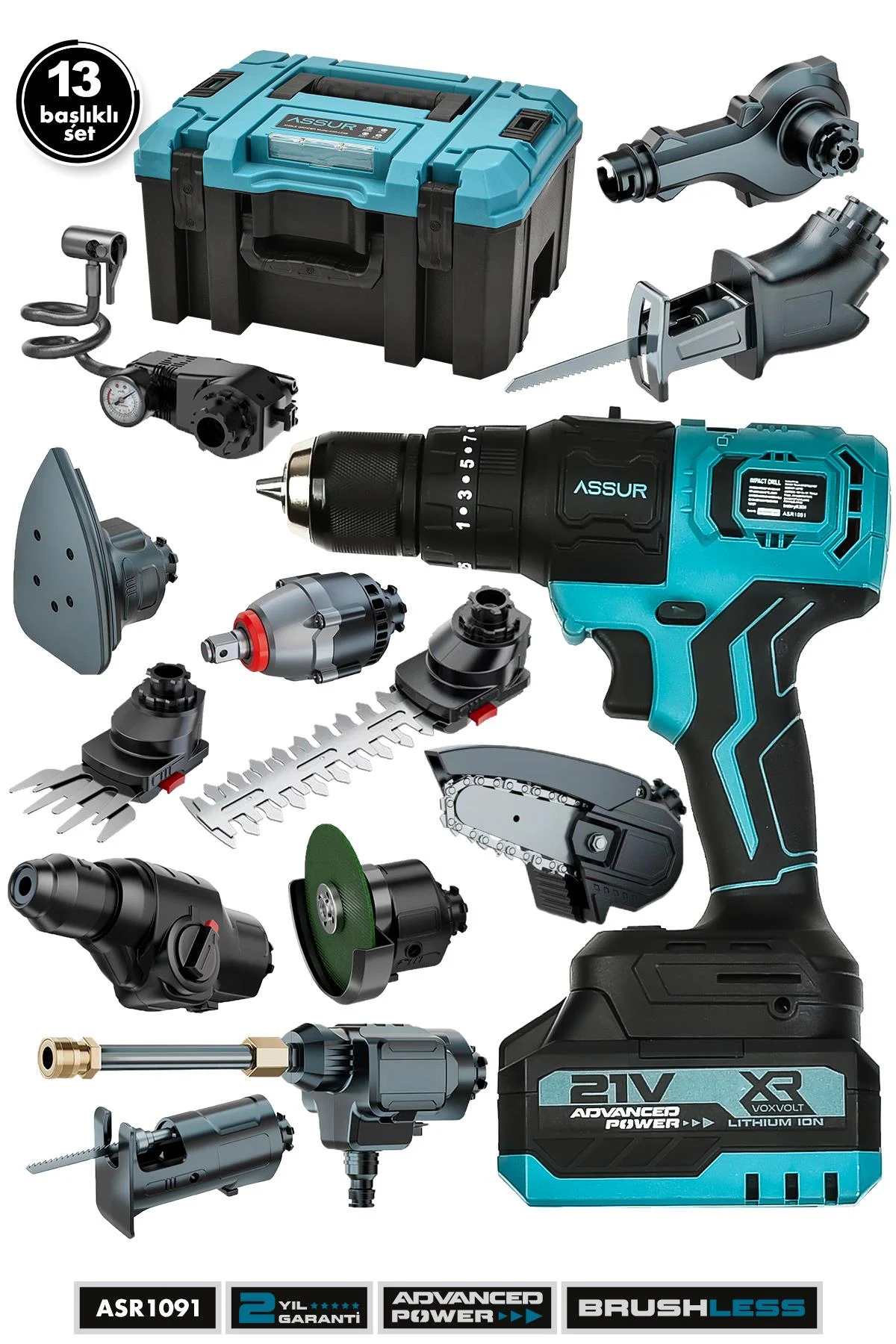 Assur Pro 21V Çift Akülü Kömürsüz Şarjlı 13 Başlıklı Set