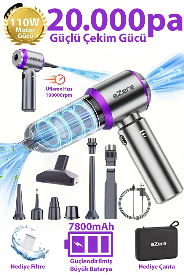 EZERE 7800 mAh Güçlendirilmiş Pil 20000pa Güçlü Portatif Vakumlu Kablosuz Üflemeli Mini Araç Süpürgesi
